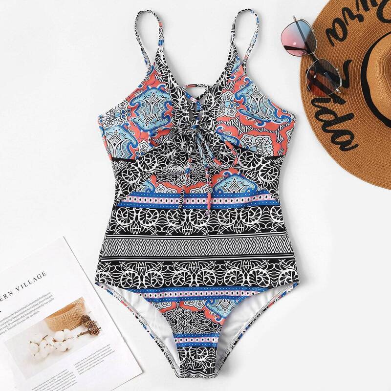 

Tribal Print Lace-up One Piece Swimwear, Multicolor
