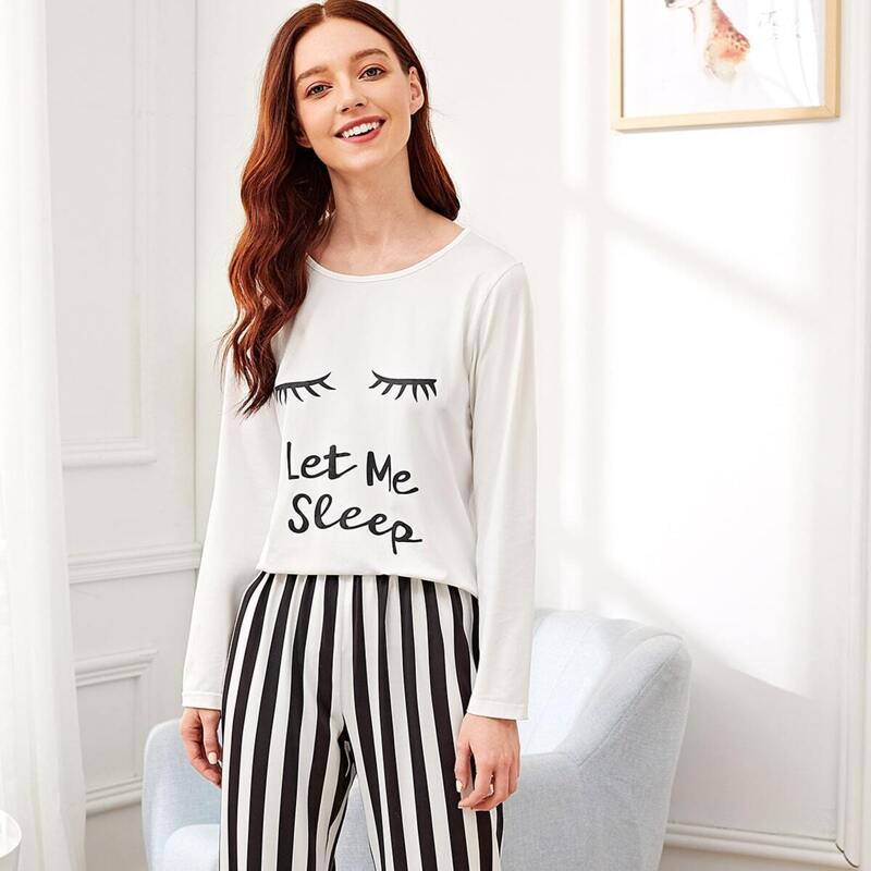 

Letter Print Top & Striped Pants PJ Set, Black and white