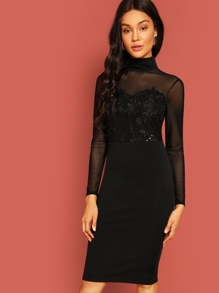 High Neck Embroidered Mesh Sweetheart Pencil Dress