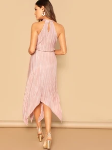 SHEIN Hanky Hem Keyhole Back Pleated Halter Dress - Coral Pink - View 2