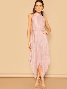 SHEIN Hanky Hem Keyhole Back Pleated Halter Dress - Coral Pink - View 1