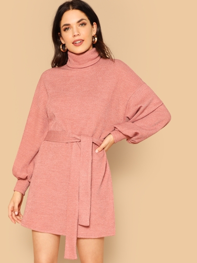 High Neck Bishop Sleeve Sweater Dresses With Belt pictures