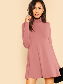 Rolled Neck Solid Trapeze Dress