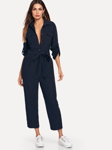 Roll Tab Sleeve Button Front Self Belted Jumpsuit