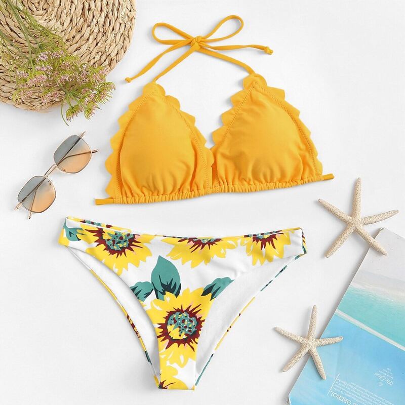 

Scallop Edge Halter Top With Floral Bikini Set, Multicolor