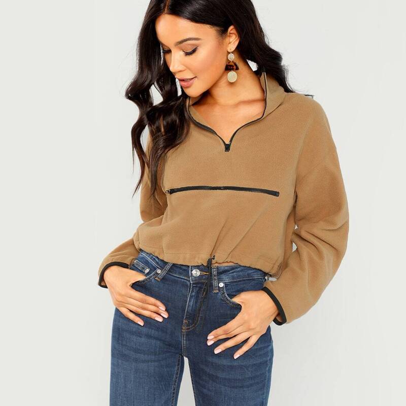 

Half Placket Zipper Up Pullover, Camel