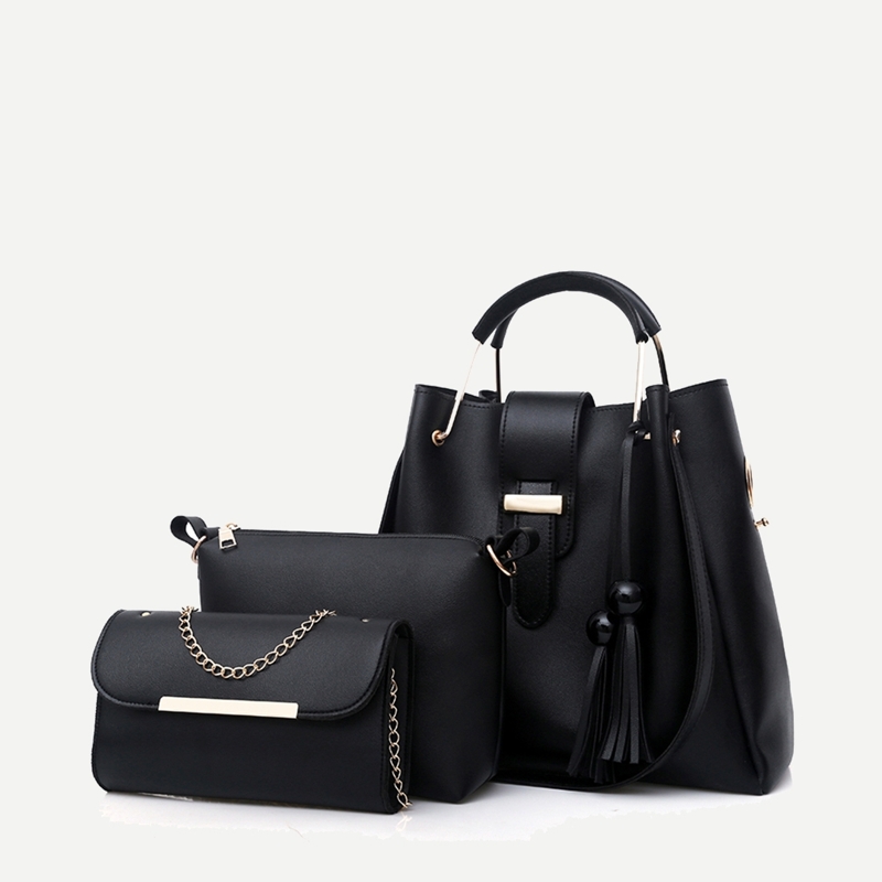

Tassel Decor Satchel Bag With Crossbody 3pcs, Black