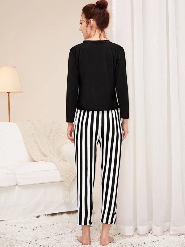 Da DONNA in SPUGNA Pigiama girocollo UNI Top a righe pantaloni 58317