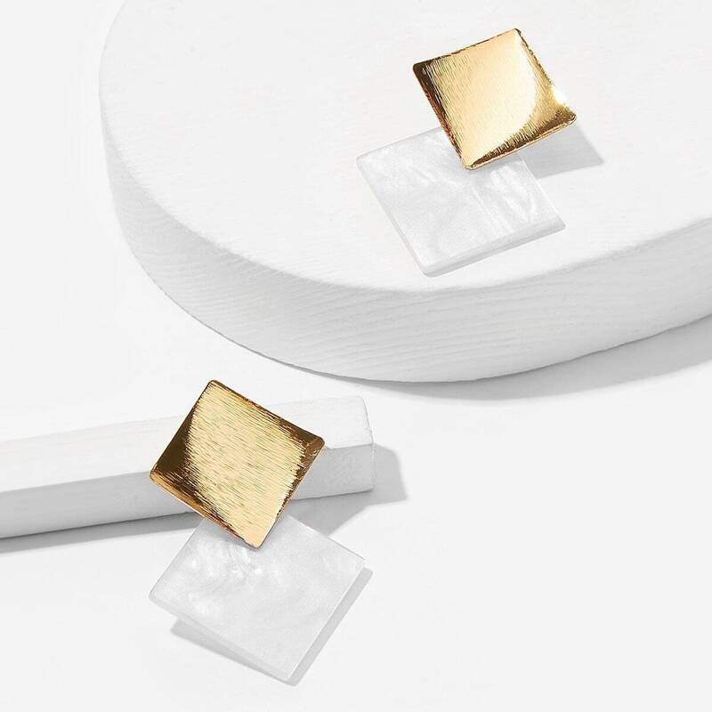 

Two Tone Square Stud Earrings 1pair, Multicolor