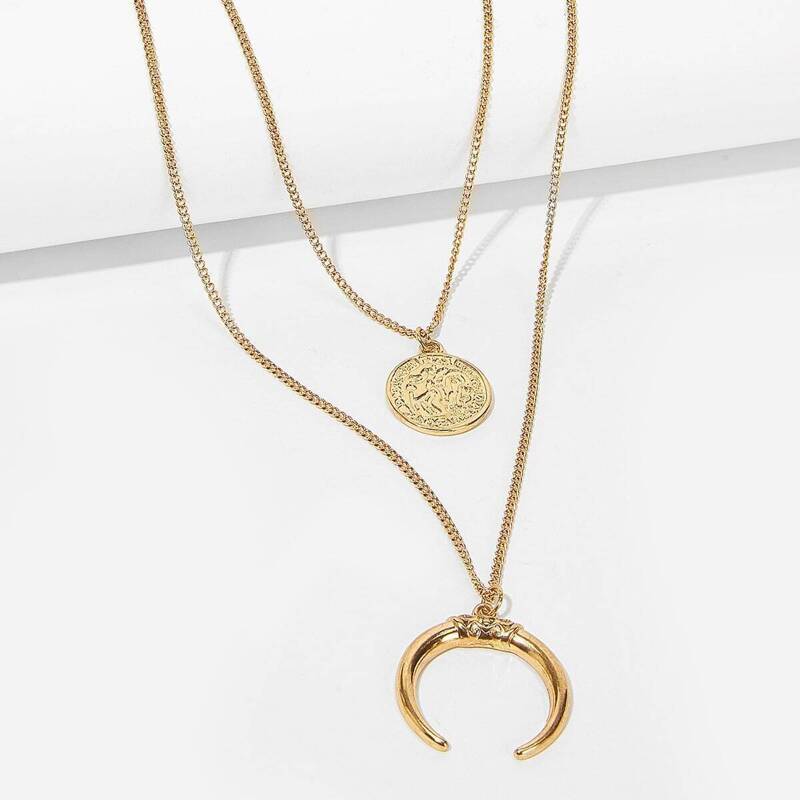 

Moon & Round Pendant Layered Necklace 1pc, Gold