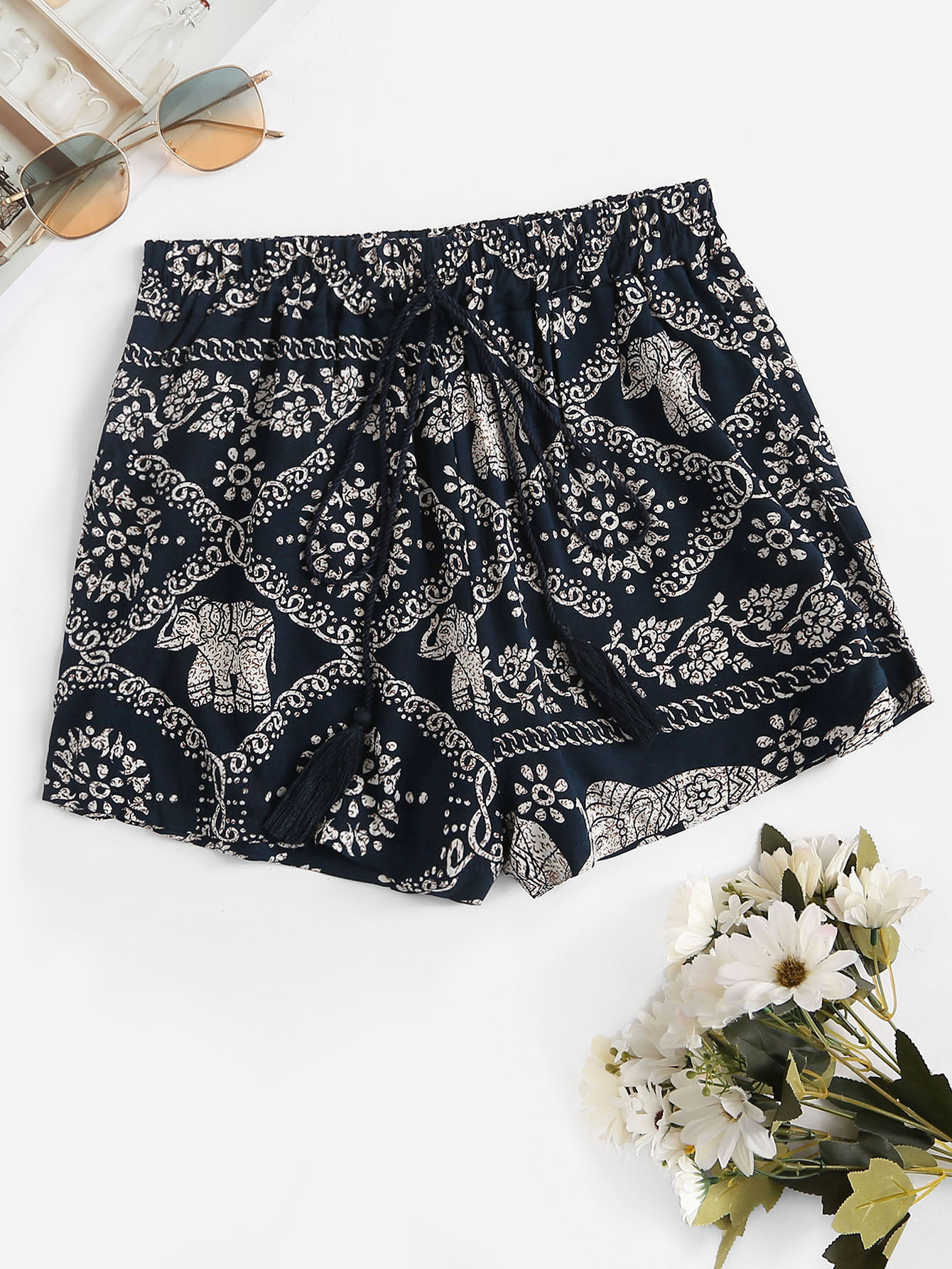 Elephant Print Drawstring Waist Shorts SHEIN UK