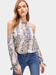 Snake Print Cold-shoulder Blouse