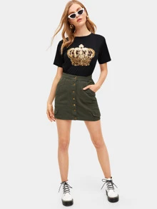 SHEIN Essnce Áo thun Contrast Sequin Báo màu đen Casual - màu đen - Xem 3