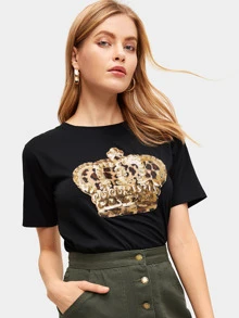SHEIN Essnce Áo thun Contrast Sequin Báo màu đen Casual - màu đen - Xem 5