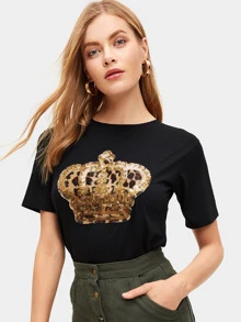 SHEIN Essnce Áo thun Contrast Sequin Báo màu đen Casual - màu đen - Xem 4