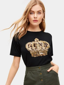 SHEIN Essnce Áo thun Contrast Sequin Báo màu đen Casual - màu đen - Xem 1