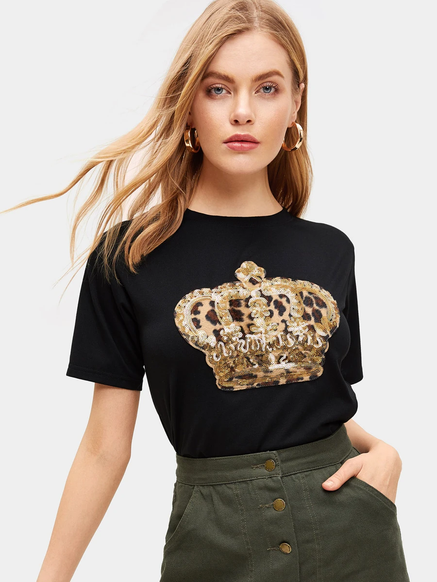 SHEIN Essnce Áo thun Contrast Sequin Báo màu đen Casual - màu đen - Xem 1