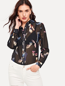 Chiffon Shoes Print Sheer Shirt