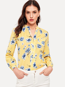 Floral Print Button Decoration Blouse