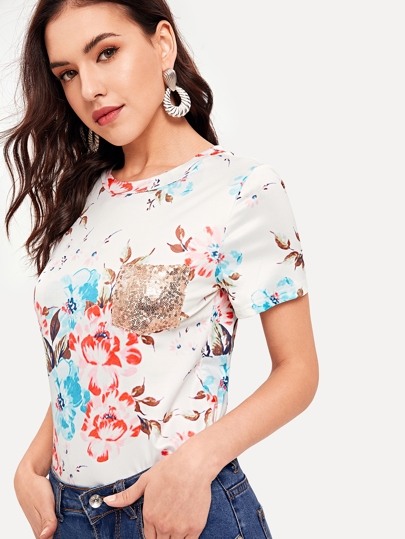 Floral Print Contrast Sequin Pocket Tee pictures