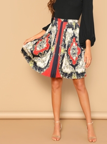 Scarf Print Zip Detail Pleated Skirt