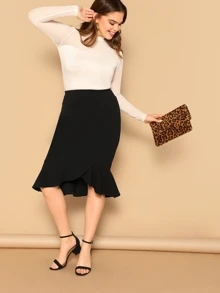 SHEIN Privé Plus Asymmetrical Ruffle Hem Solid Skirt