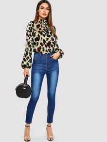SHEIN Puff Sleeve Frill Neck Leopard Blouse - Multicolor - View 3