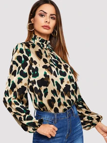 SHEIN Puff Sleeve Frill Neck Leopard Blouse - Multicolor - View 5