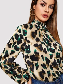 SHEIN Puff Sleeve Frill Neck Leopard Blouse - Multicolor - View 6