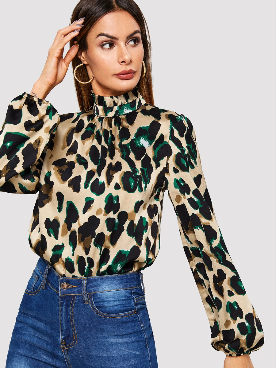 SHEIN Puff Sleeve Frill Neck Leopard Blouse - Multicolor - View 1
