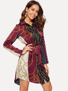 Chain and Polka Dot Curved Hem Shirt Dress