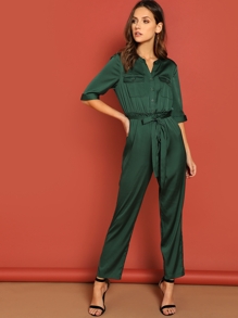 Pocket Patched Self Belted Utility Shirt Jumpsuit