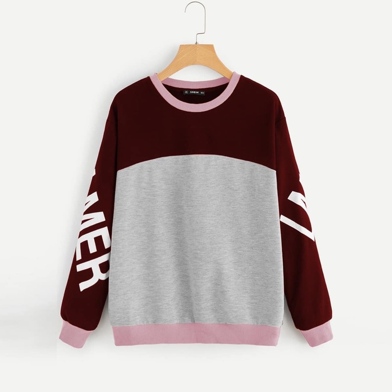

Letter Print Heather Grey Panel Colorblock Sweatshirt, Burgundy
