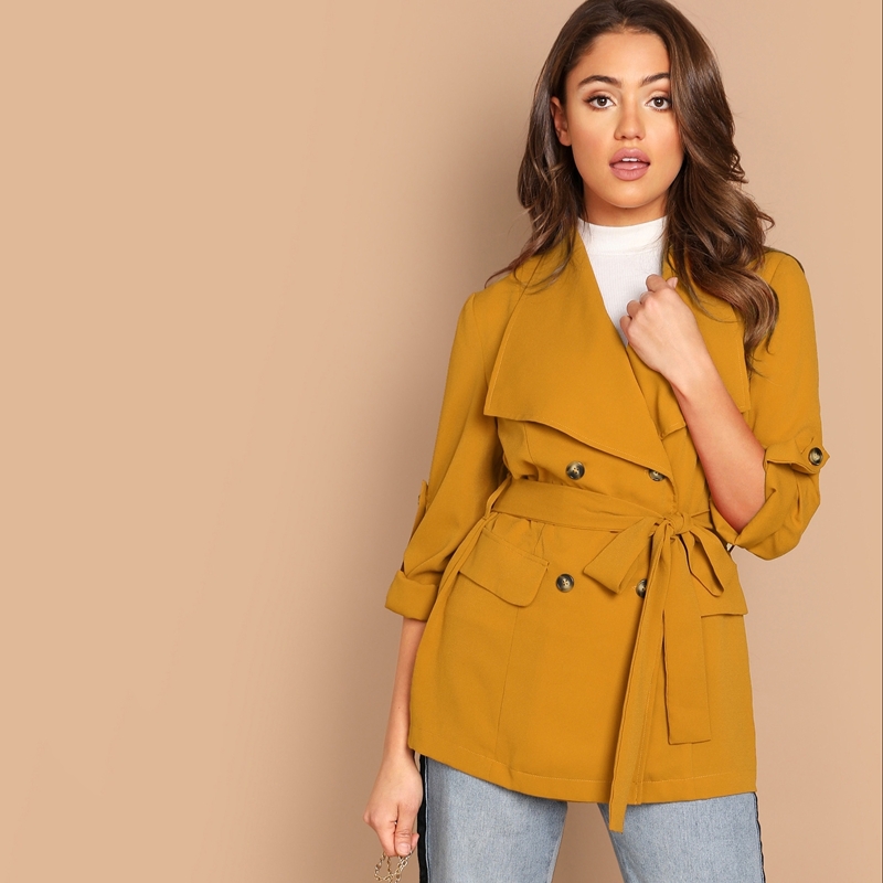 

Rolled Up Sleeve Double Buttoned Coat, Yellow