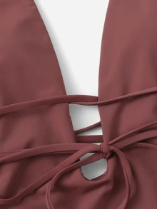 SHEIN Swim U-plunge Belted Low Back Swimsuit - Redwood - View 3