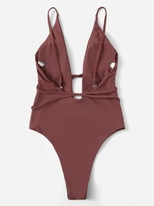 SHEIN Swim U-plunge Belted Low Back Swimsuit - Redwood - View 2