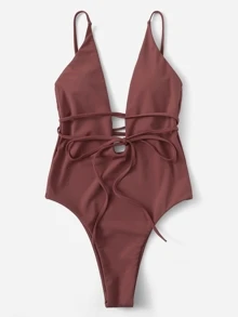 SHEIN Swim U-plunge Belted Low Back Swimsuit - Redwood - View 5