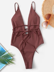 SHEIN Swim U-plunge Belted Low Back Swimsuit - Redwood - View 1