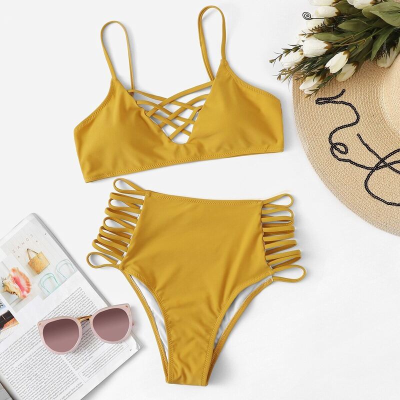 

Criss Cross Top With Ladder Cut-out Bikini Set, Yellow