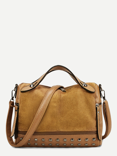 Studded Decor Suede Panel Satchel Bag pictures