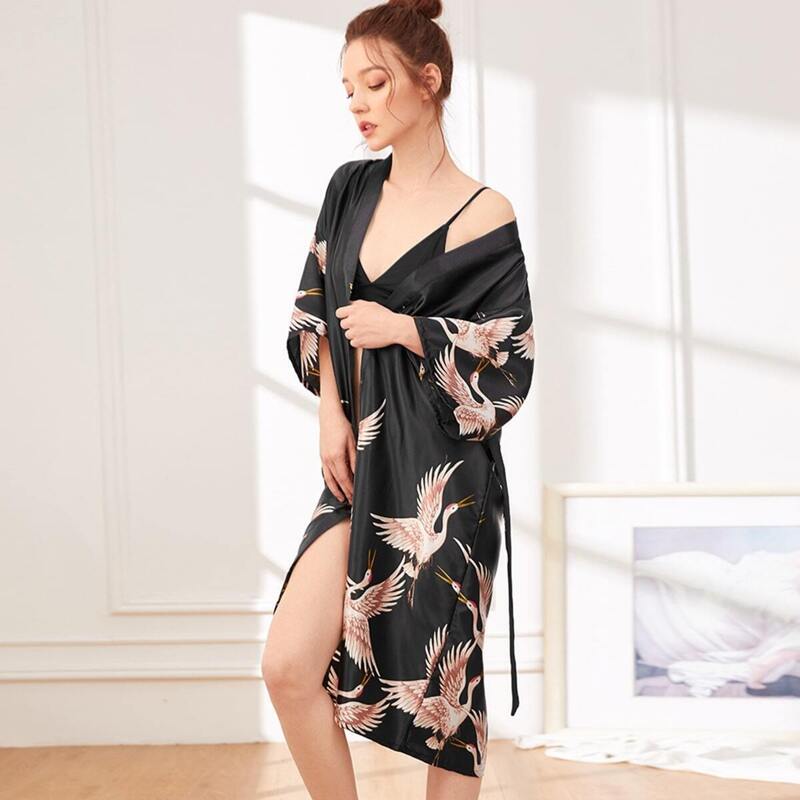 

Crane Print Self Belted Satin Robe, Black