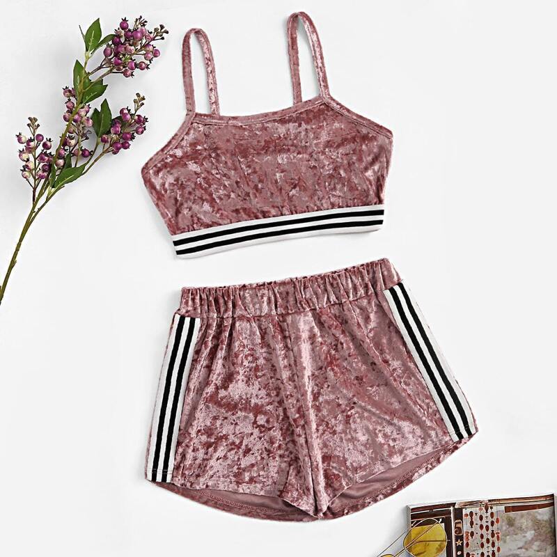 

Striped Panel Cami Top With Velvet Shorts, Pink