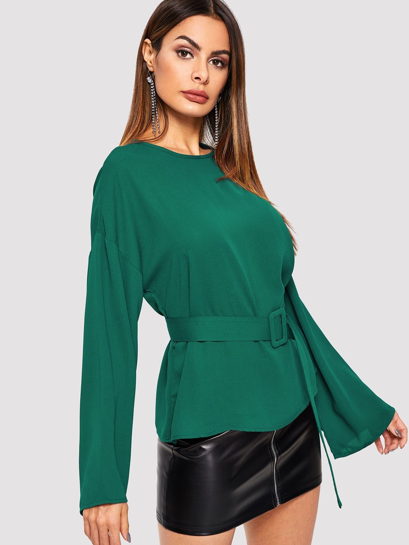 keyhole back flare sleeve buckle belted top