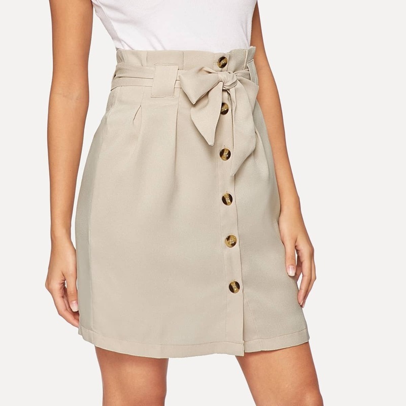

Frilled Bow Tie Waist Button Up Skirt, Khaki