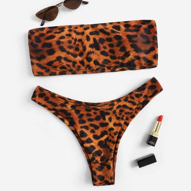 

Leopard Bandeau Top With High Leg Bikini Set, Brown