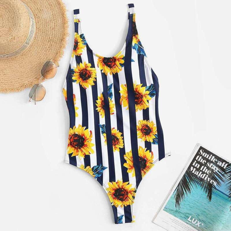 

Random Low Back Striped and Floral One Piece Swimsuit, Multicolor