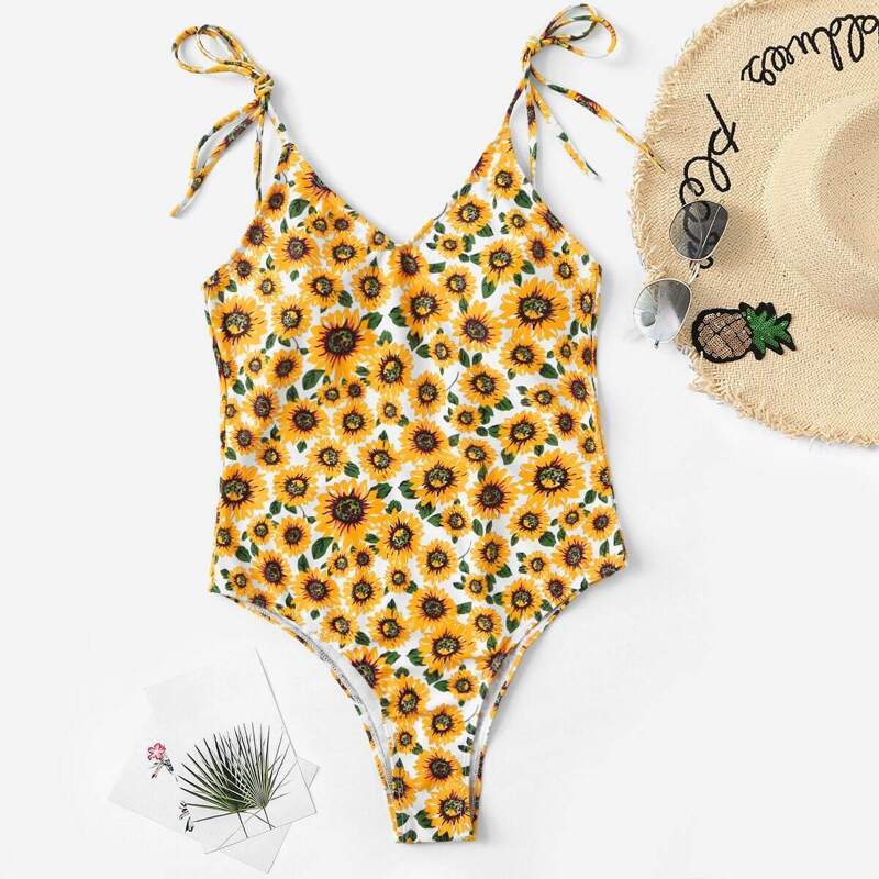 

Random Self Tie Shoulder Sunflower One Piece Swimsuit, Multicolor
