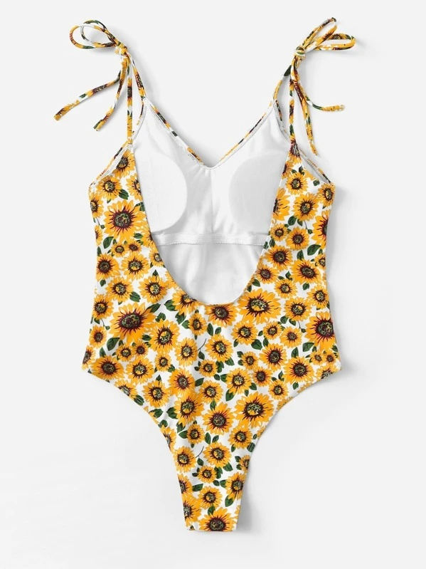Random Self Tie Shoulder Sunflower One Piece Swimsuit Shein Usa