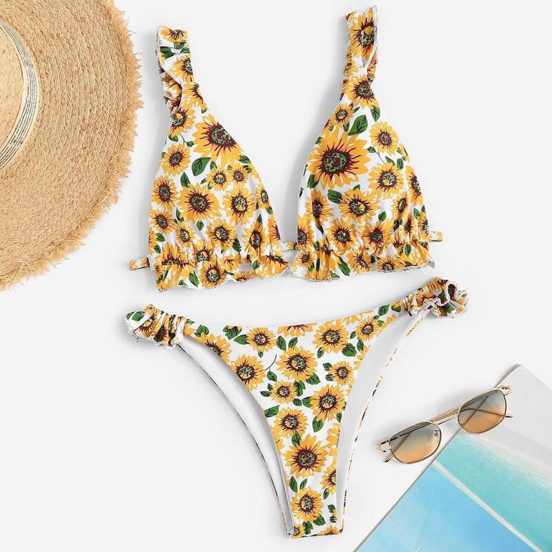 

Random Frilled Strap Knot Back Sunflower Bikini Set, Multicolor