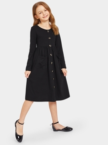 Girls Button Front Pocket Pleated Dress